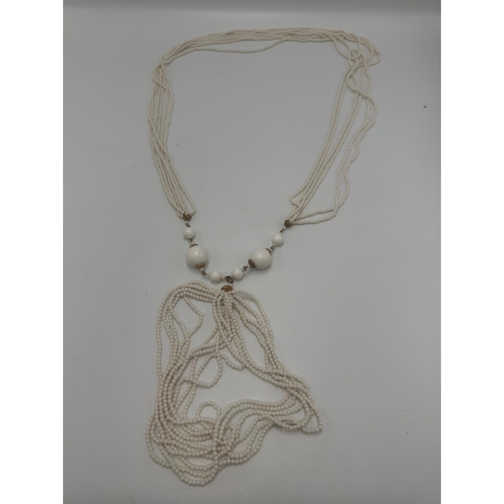 Vintage Multi Strand White Seed Bead Tassel Necklace Long Boho Cream Ivory Tone